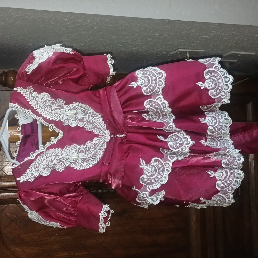 Vintage Lydia Toddler Dress Size 1 Faux Pearls Lace Formal Burgundy Made In Usa